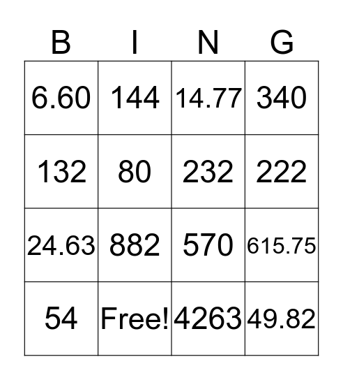 Area & Volume  Bingo Card