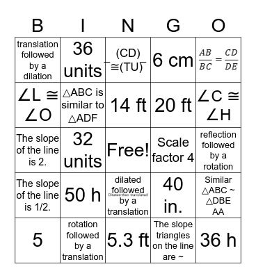 Chapter 7 Congruence and Similarity Bingo Card