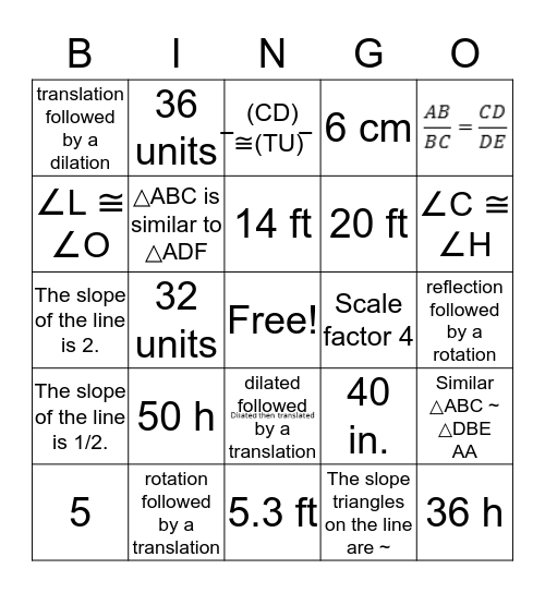 Chapter 7 Congruence and Similarity Bingo Card