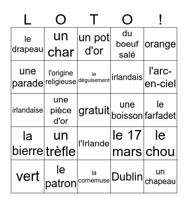 St Patrick  Bingo Card