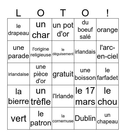 St Patrick  Bingo Card