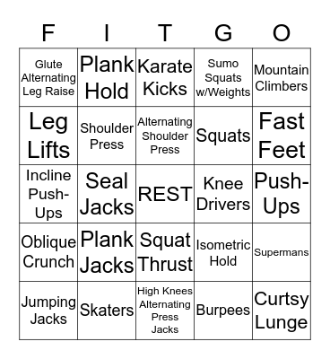 Fitspiration Fitness Bingo Card
