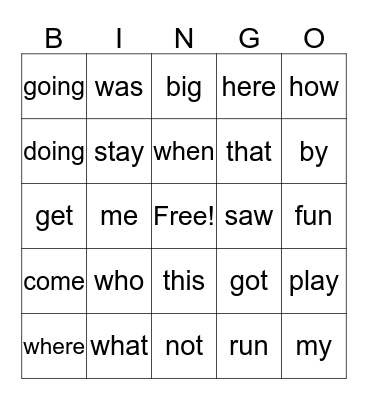 sight words Bingo Card