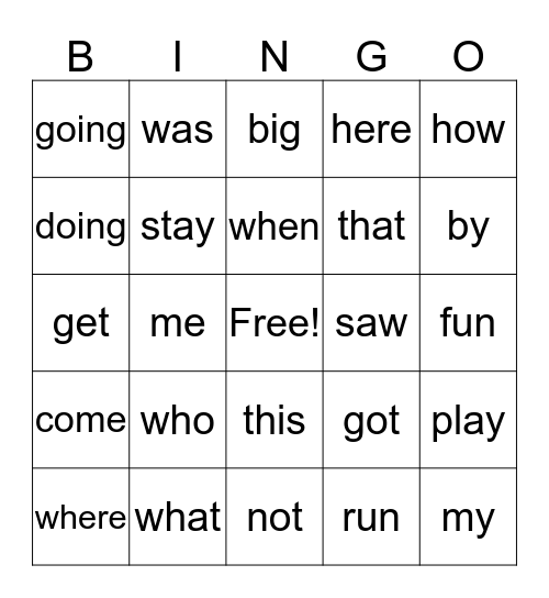 sight words Bingo Card