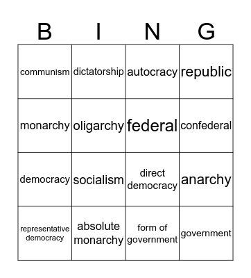 Civics Unit 10 Vocab Bingo Card