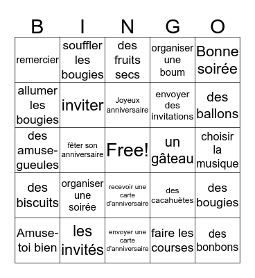 On organise une fête Bingo Card