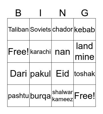 The Breadwinner vocabulary Bingo Card