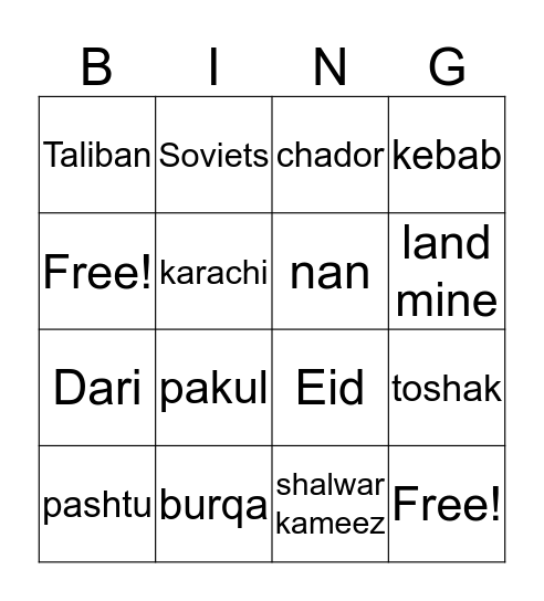 The Breadwinner vocabulary Bingo Card