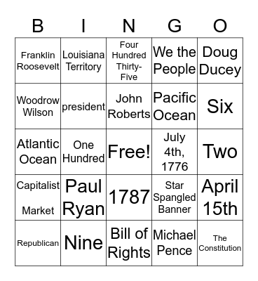 Civics Test Review Bingo Card