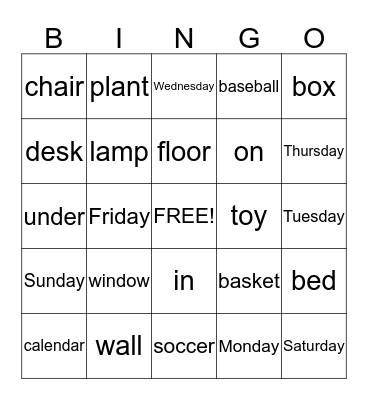 My Room Bingo Card