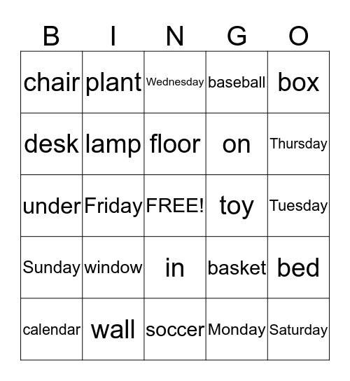 My Room Bingo Card