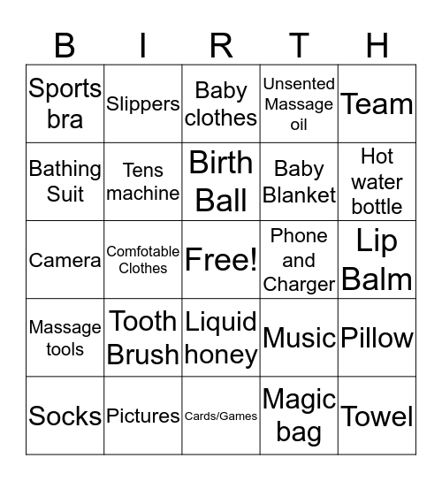 Whats in your birth bag Bingo Card