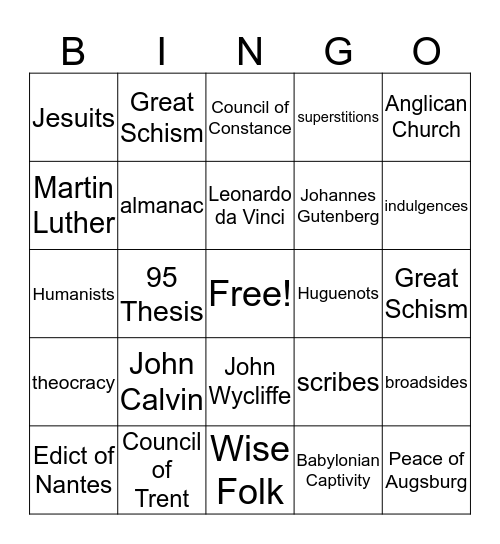 The Renaissance and The Reformation Bingo Card
