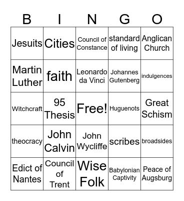The Renaissance and The Reformation Bingo Card