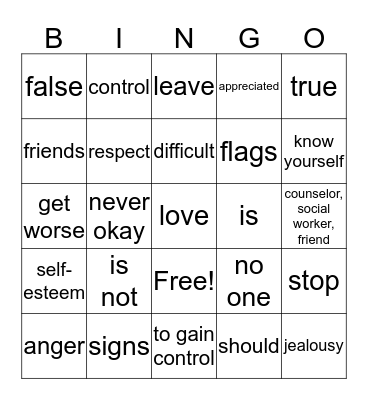 Safe Dating Review Bingo Card