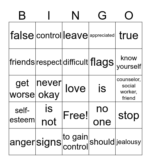 Safe Dating Review Bingo Card