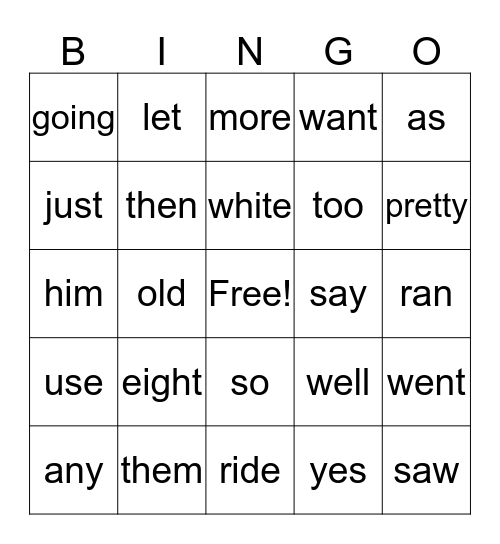Words to Know Bingo Card