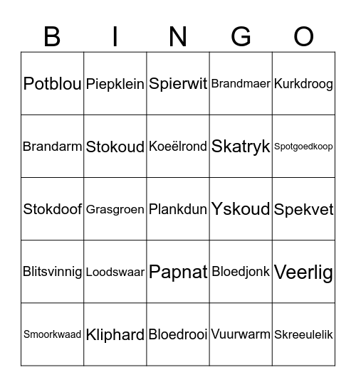 Intensiewe vorm Bingo Card