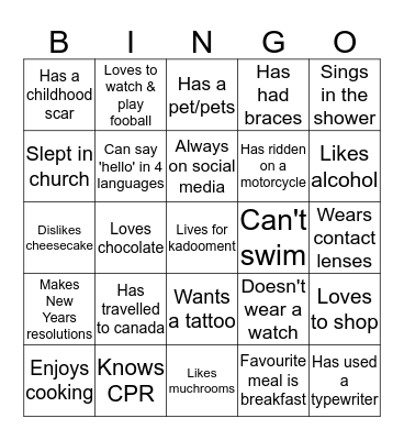 Getting To Know You Bingo Card