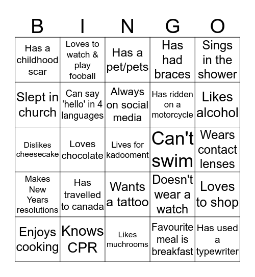 Getting To Know You Bingo Card