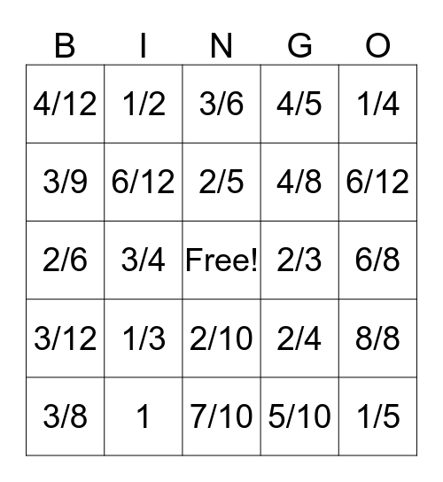 Fractions Bingo Card