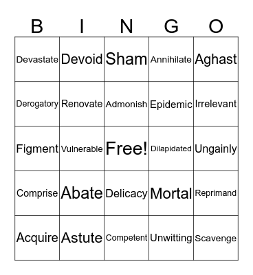 Vocabulary Bingo Card