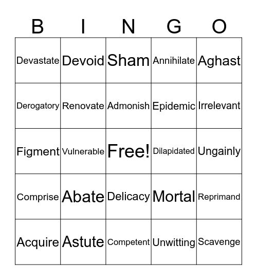 Vocabulary Bingo Card