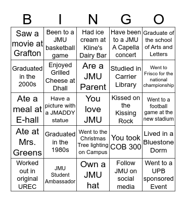 JMU Alumni Bingo Card