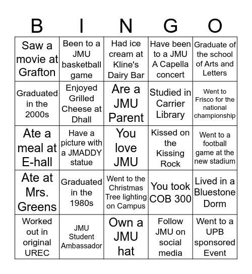 JMU Alumni Bingo Card