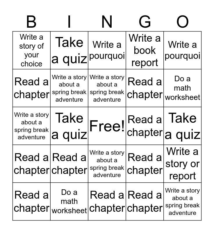 Spring break homework bingo picture