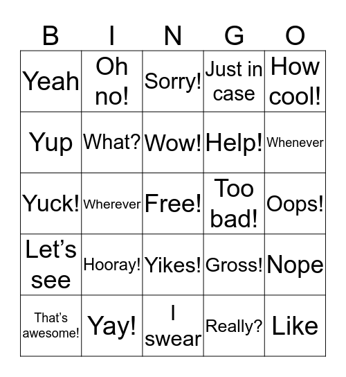 Exclamations Bingo Card