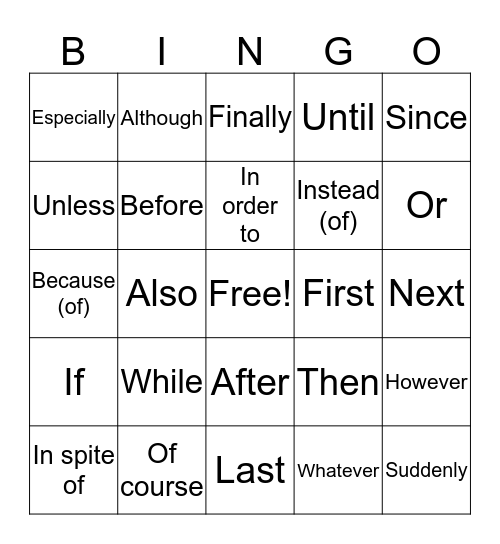 Linking Words Bingo Card