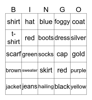 clothes, colors, weather Bingo Card