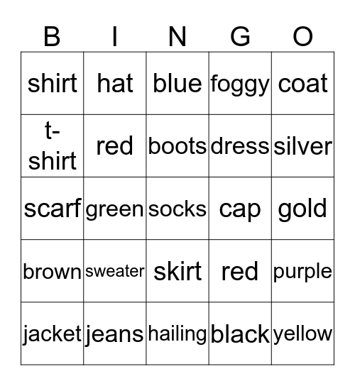 clothes, colors, weather Bingo Card