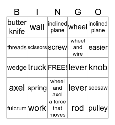 Simple Machines Bingo Card