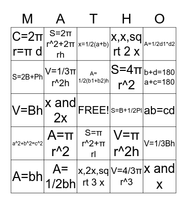 GEOMETRY FORMULA MATHO Bingo Card