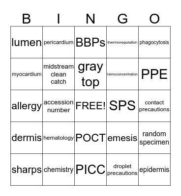 Phlebotomy BINGO Card