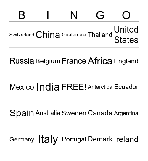 International Bingo Card