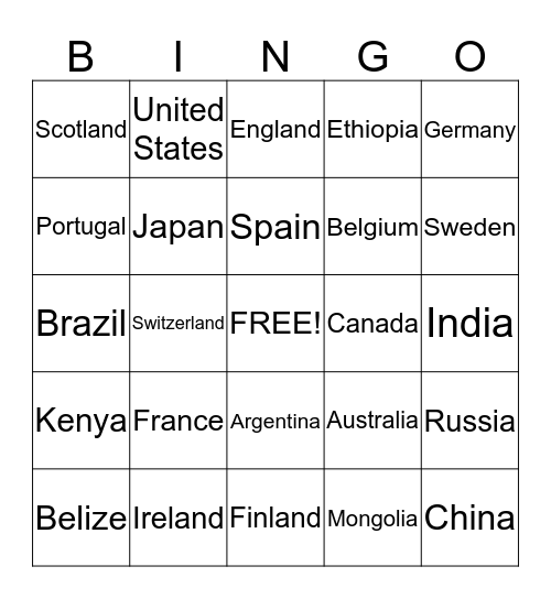 International Bingo Card