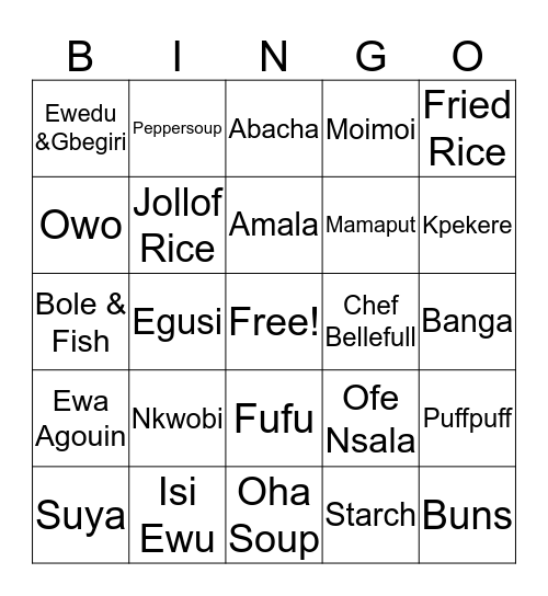 Chef Bellefull's Bingo Card