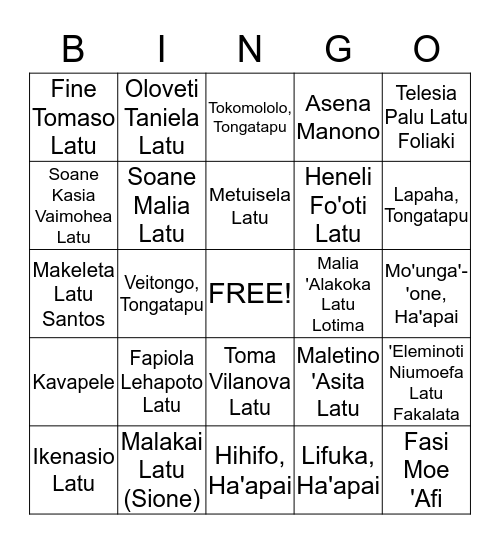 Latu Family Reunion 2012 Bingo Card