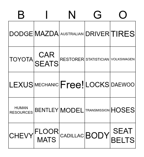 Careers with Cars Bingo Card