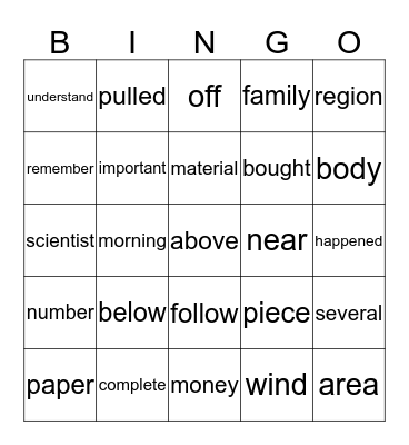 2nd. grade High Frequency Words. Bingo Card