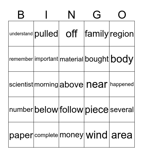 2nd. grade High Frequency Words. Bingo Card