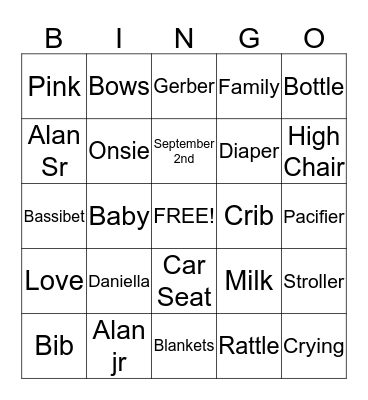 Baby Girl  Bingo Card