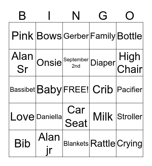 Baby Girl  Bingo Card