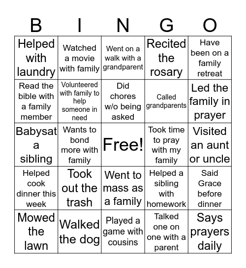 Family Bonding Bingo Card