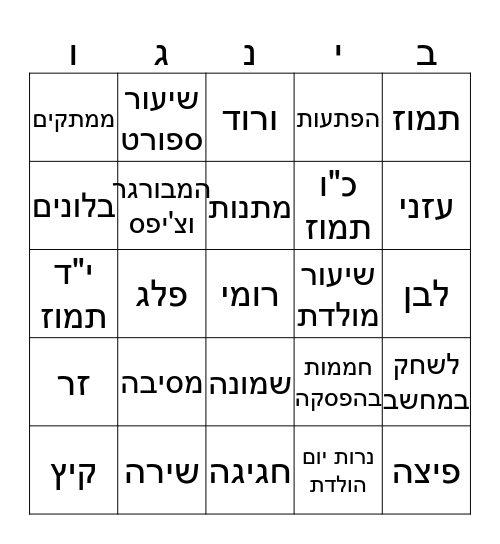 יום הולדת שמח לרומי עזני ולשירה פלג Bingo Card