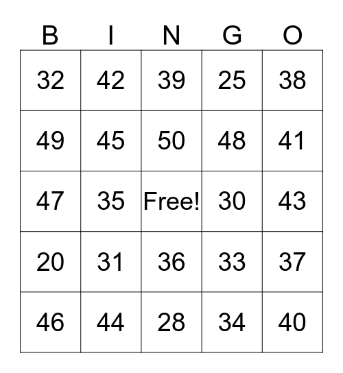 Los Numeros 20-50 Bingo Card