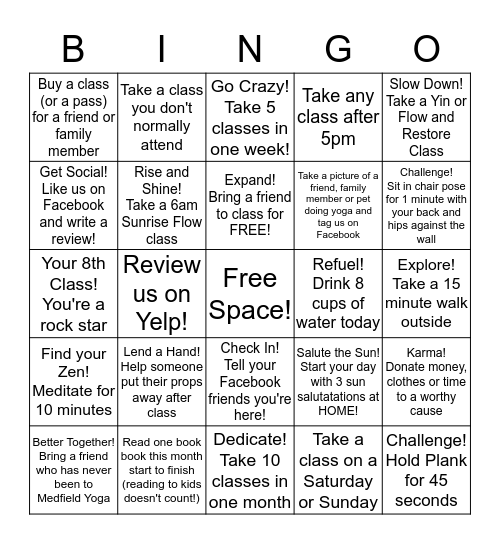 Medfield Yoga Bingo! Bingo Card
